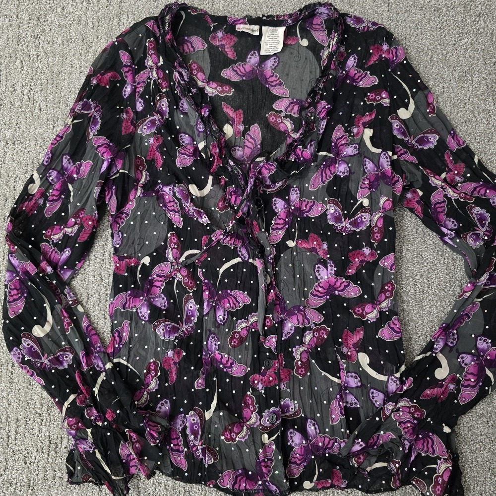 No Boundaries‎ Butterfly Sheer Y2K Button Front Blouse Fairycore Goth L